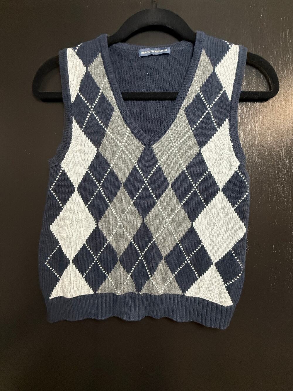 Brandy Melville Argyle Sweater Vest Navy Gray White V Neck Preppy Y2K